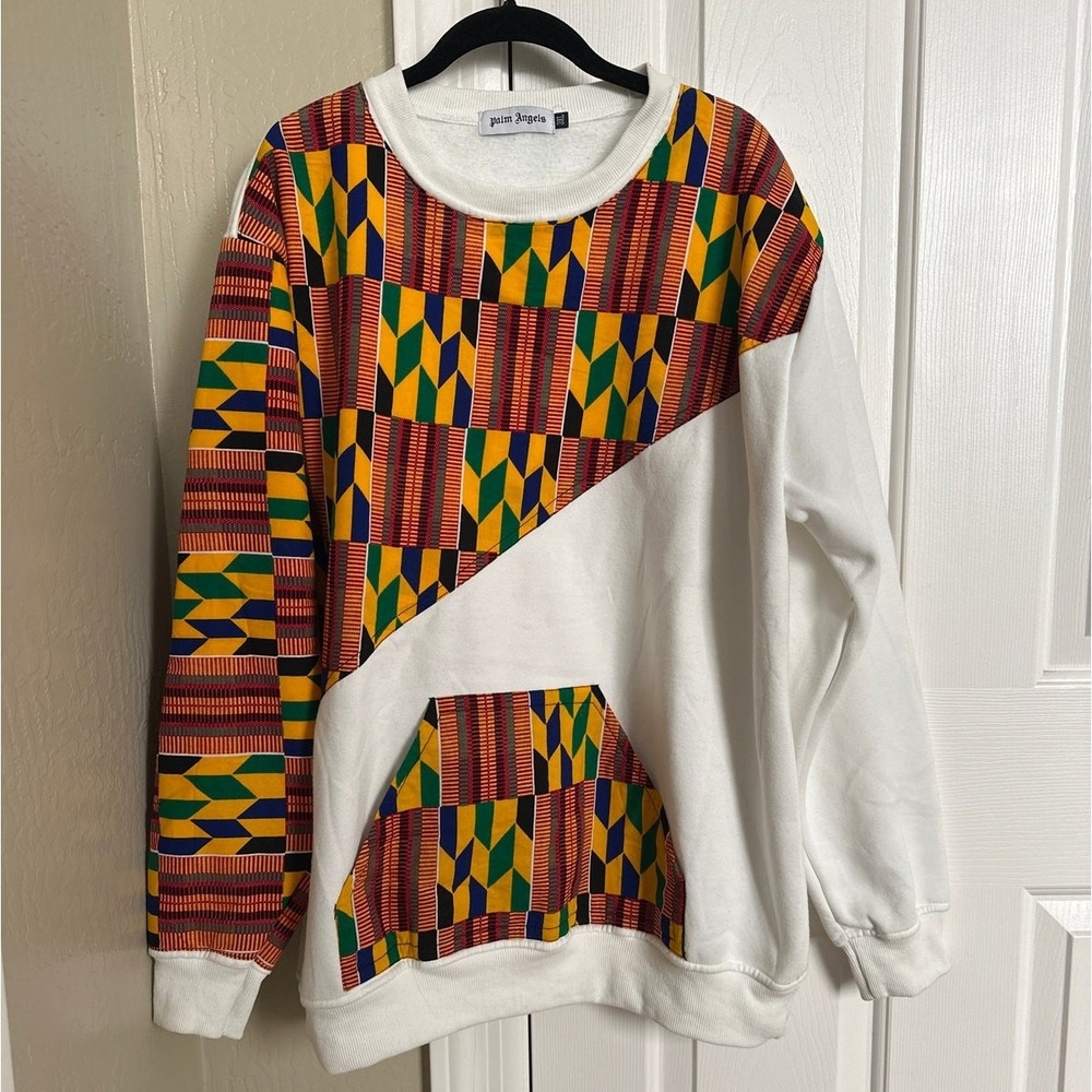 Palm Angels OHEMAA Kente Print Colorblock Hoodie Sweatshirt 3XL‎ White